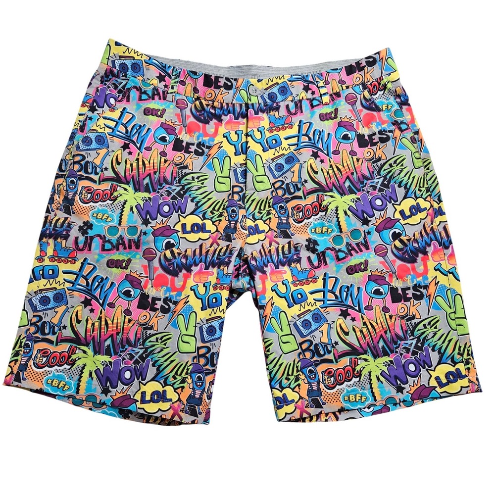 Hreski Graffiti Pop Art Golf Shorts Mens 38 Multicolor Stretch Urban‎ Retro